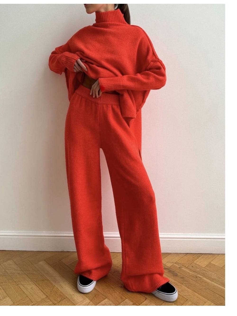 Commense Red Wide-Leg Turtleneck Knit Set